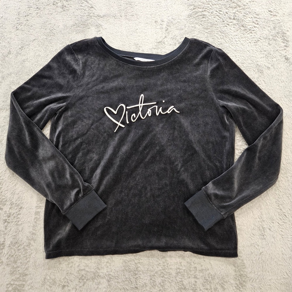 Victorias Secret‎ Velour Long Sleeve Top Black Script Logo Heart Open Back Small
